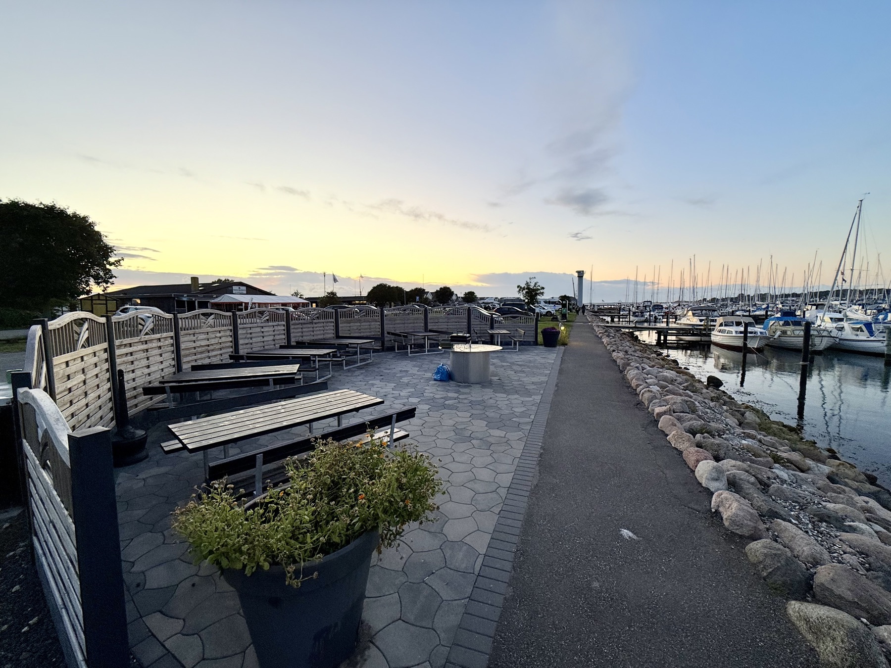 Grillpladser med borde og bænke ved vandet i Assens Marina i solnedgang